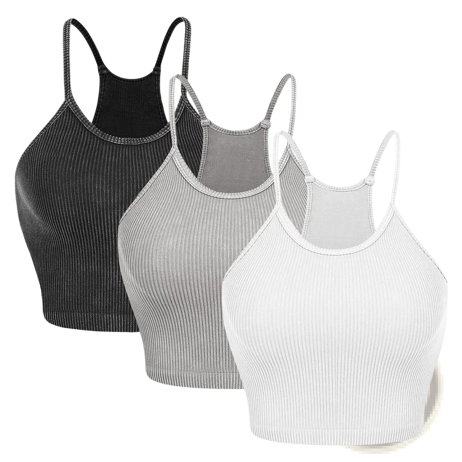 Three ribbed crop tank tops for women in black gray and white with thin straps made of soft fabric