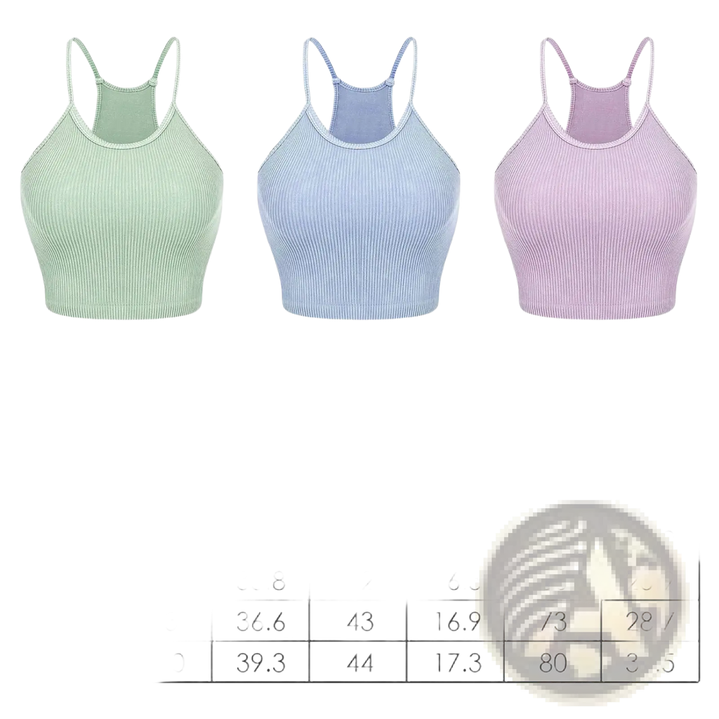 Three ribbed crop tank tops for women in pastel green blue and purple with thin spaghetti straps