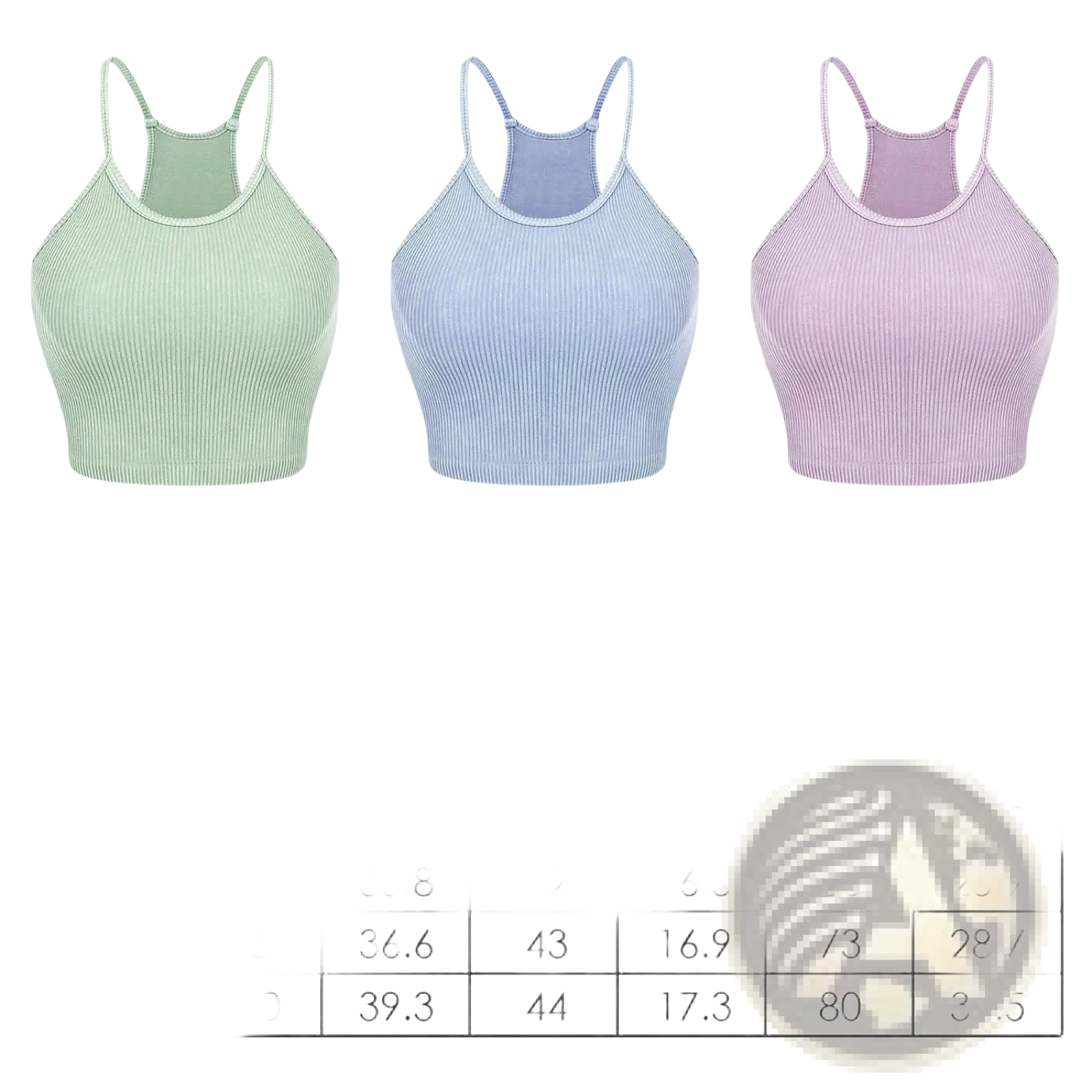 Three ribbed crop tank tops for women in pastel green blue and purple with thin spaghetti straps