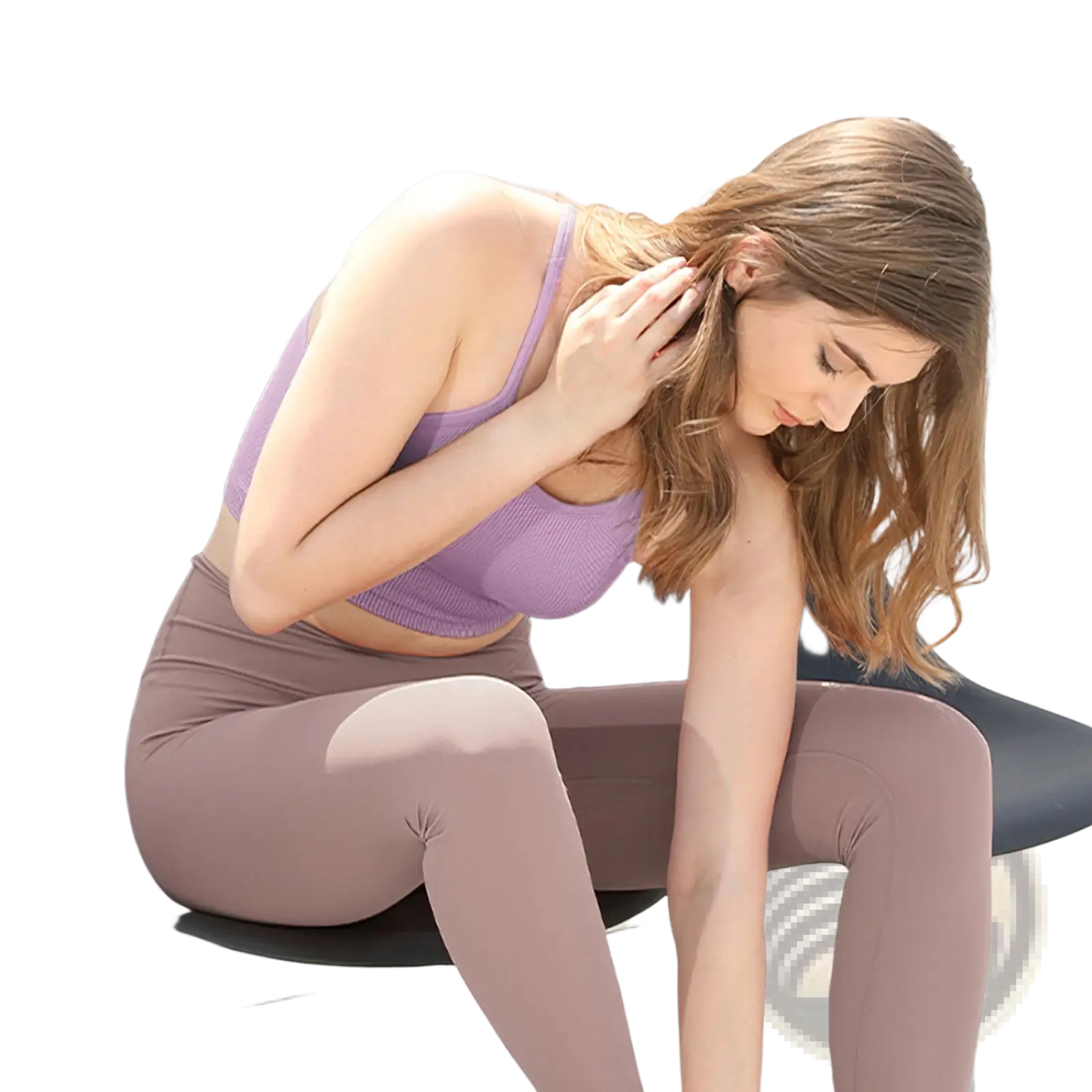 A woman wearing a lavender ribbed crop tank top and mauve leggings from the ribbed crop tank top 3 pack for women