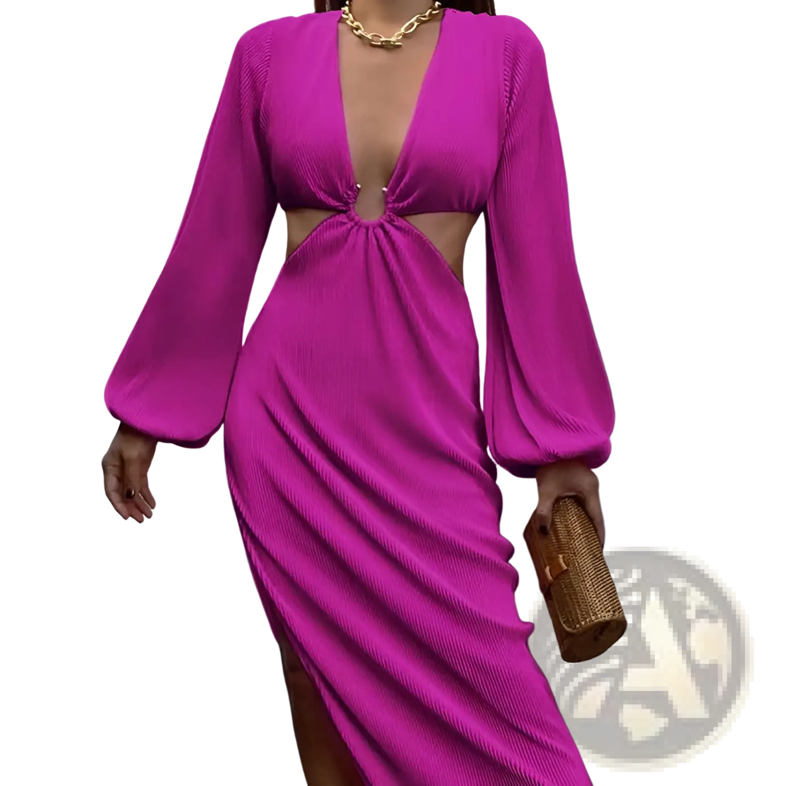 Vibrant fuchsia ribbed long sleeve maxi dress with plunging neckline and side cutouts showcasing elegant style