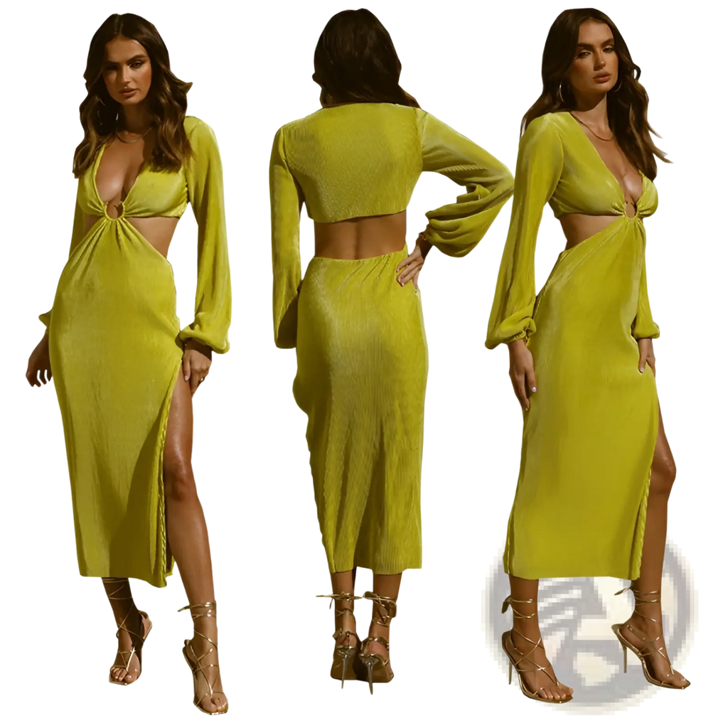 A vibrant lime green ribbed knit two-piece set with a cropped long sleeve top and matching high-slit midi skirt