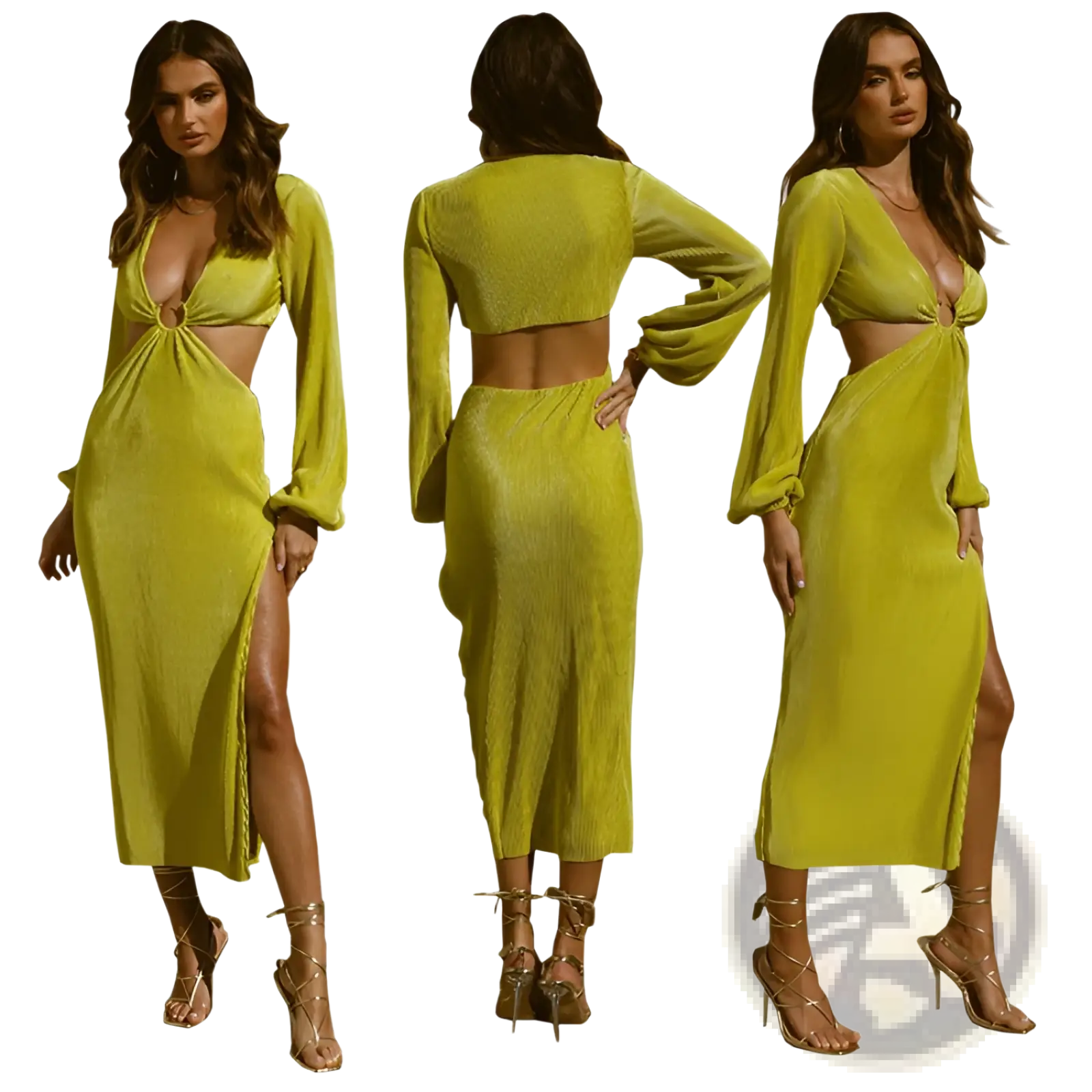 A vibrant lime green ribbed knit two-piece set with a cropped long sleeve top and matching high-slit midi skirt