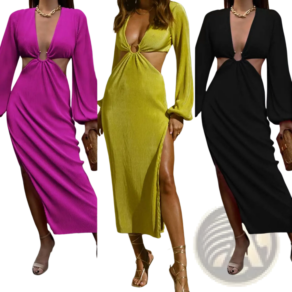 Vibrant ribbed cutout long sleeve high slit midi dresses in fuchsia lime green and black with plunging necklines