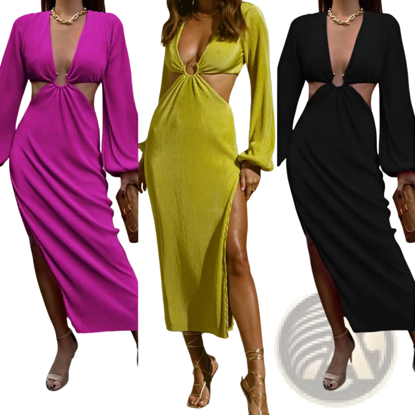 Vibrant ribbed cutout long sleeve high slit midi dresses in fuchsia lime green and black with plunging necklines