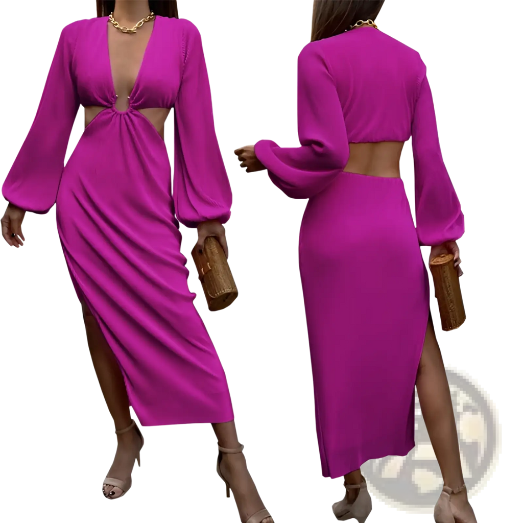 Back view of a vibrant magenta ribbed two-piece dress set with long bell sleeves and a cutout back design