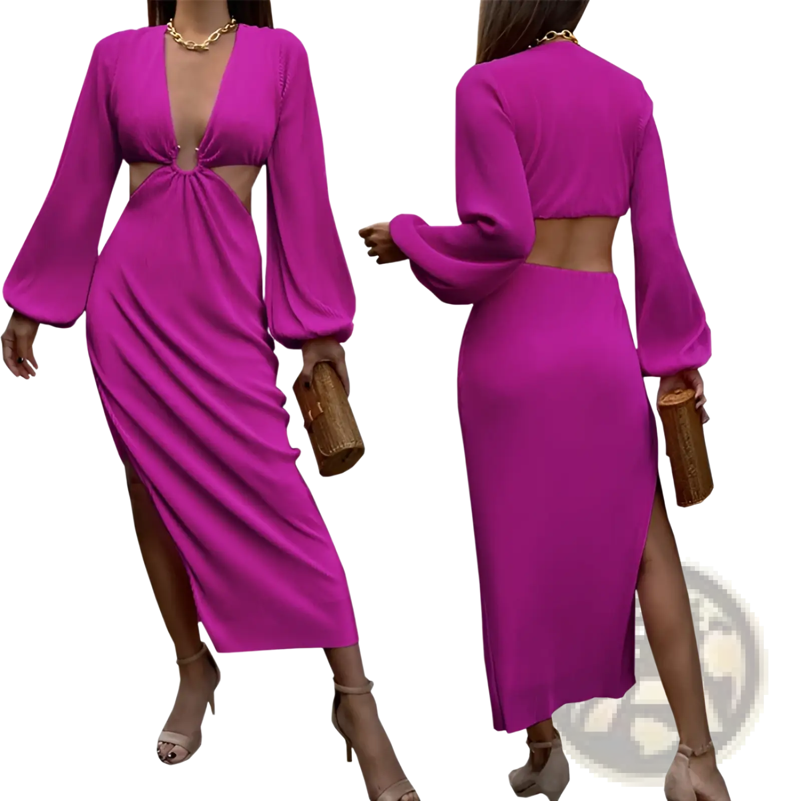 Back view of a vibrant magenta ribbed two-piece dress set with long bell sleeves and a cutout back design