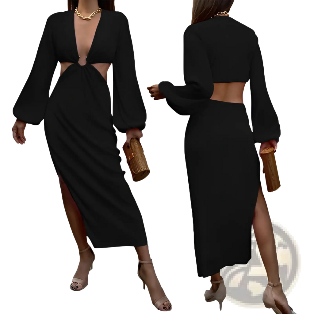 Black ribbed two-piece long sleeve maxi dress with cutout details and high slit for elegant occasions