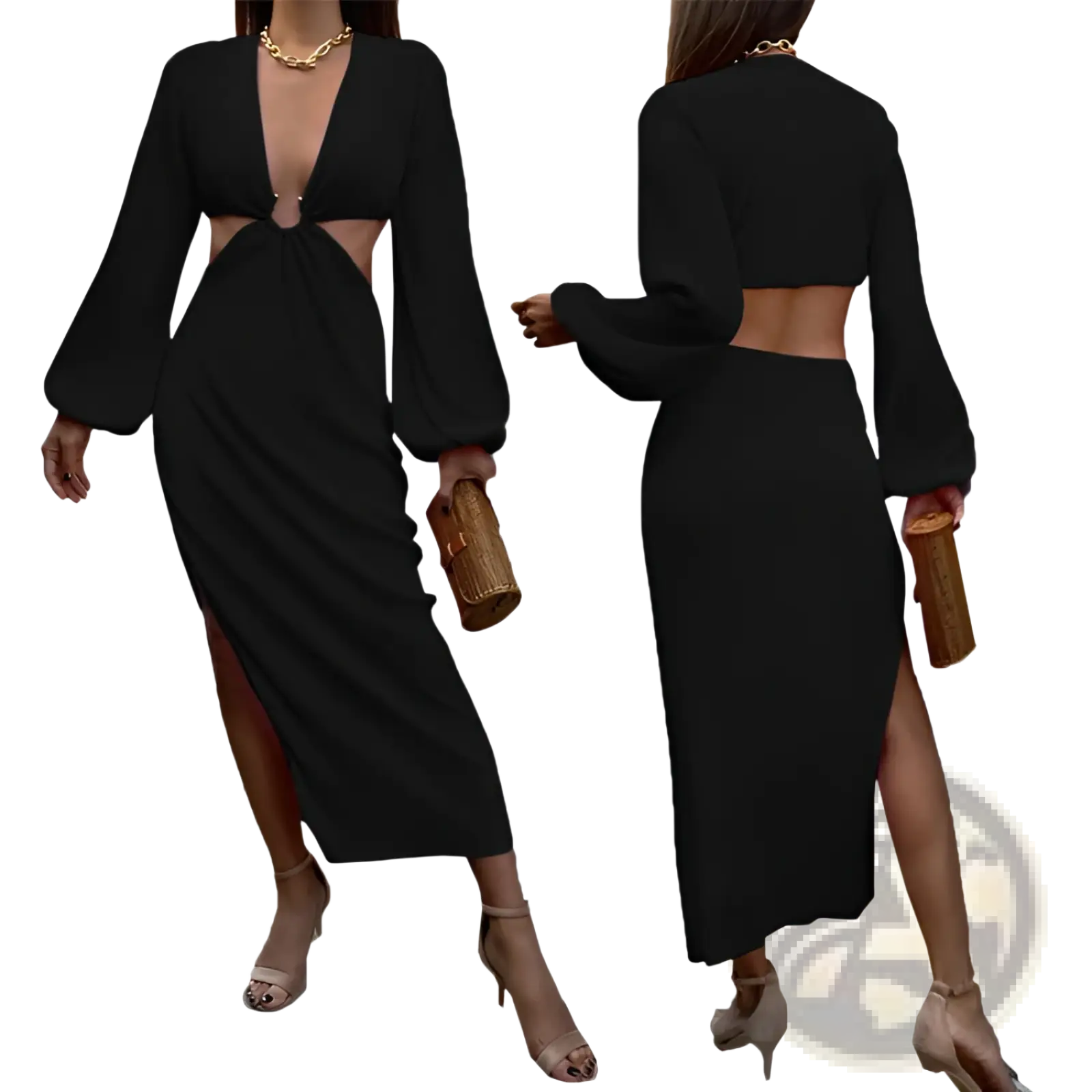 Black ribbed two-piece long sleeve maxi dress with cutout details and high slit for elegant occasions