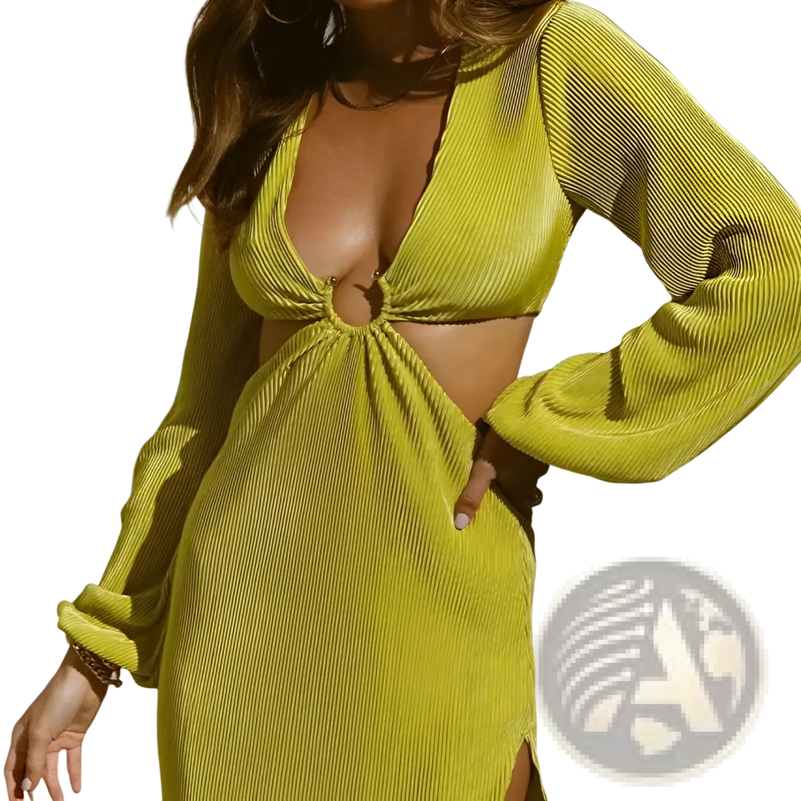 A vibrant lime green ribbed knit long sleeve maxi dress with plunging neckline and side cutouts