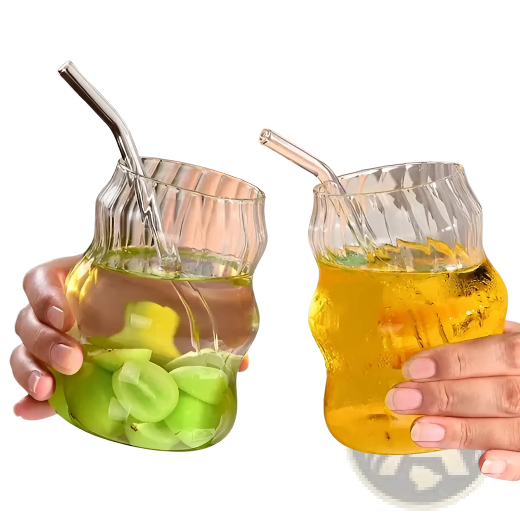 Clear glass mason jar style ribbed glass cups with stainless steel straws 6 piece 19oz set