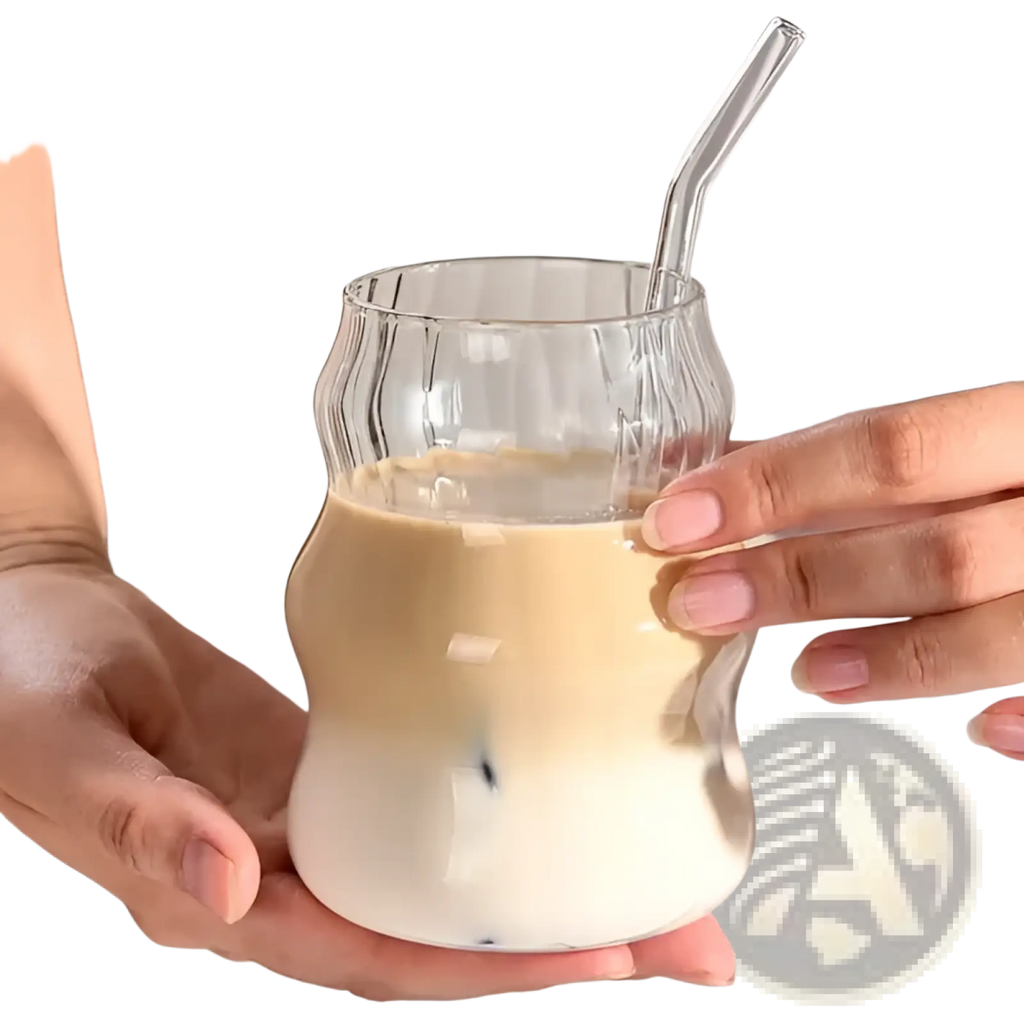 A clear ribbed glass cup with wavy texture curved handle and matching transparent straw from a 6 piece 19oz set