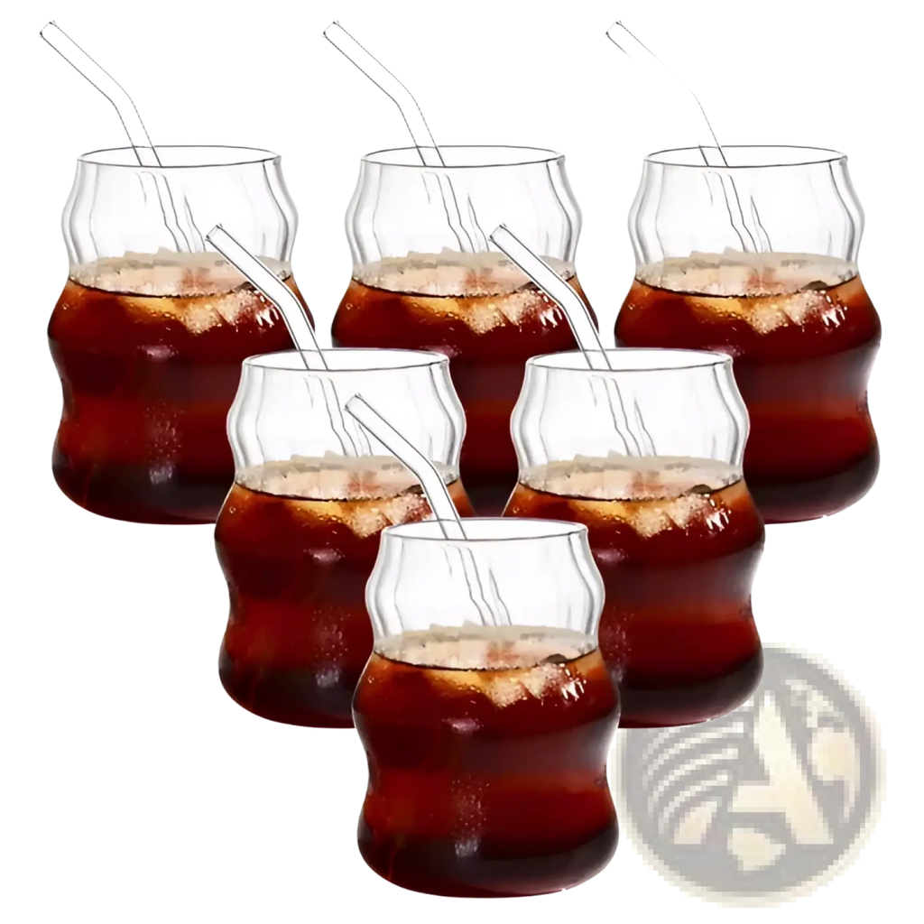 Clear ribbed glass cups with wavy design and matching clear straws set of six 19oz tumblers made of glass