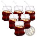 Six clear ribbed glass cups with ergonomic curved shapes and matching transparent straws 19oz set
