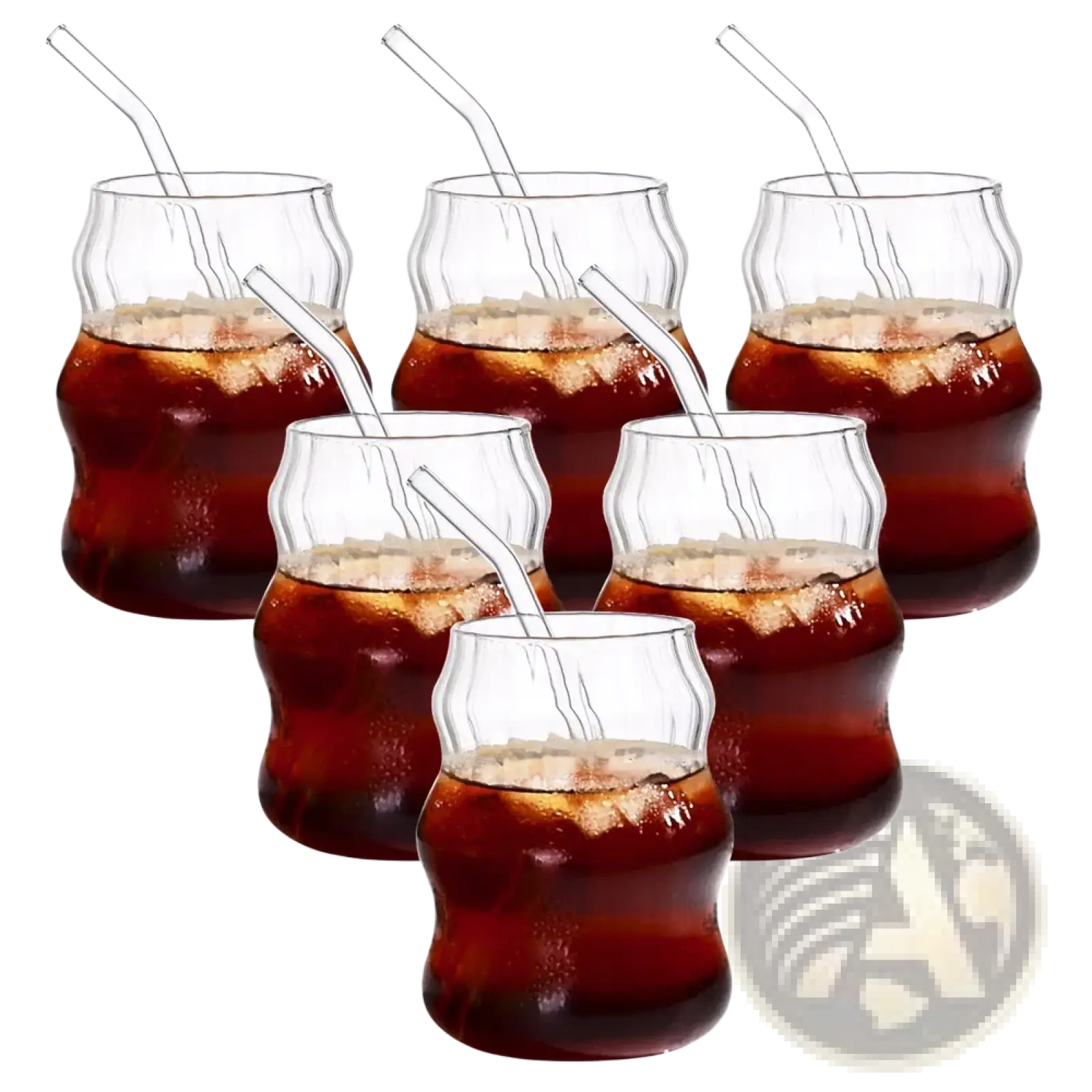 Six clear ribbed glass cups with ergonomic curved shapes and matching transparent straws 19oz set