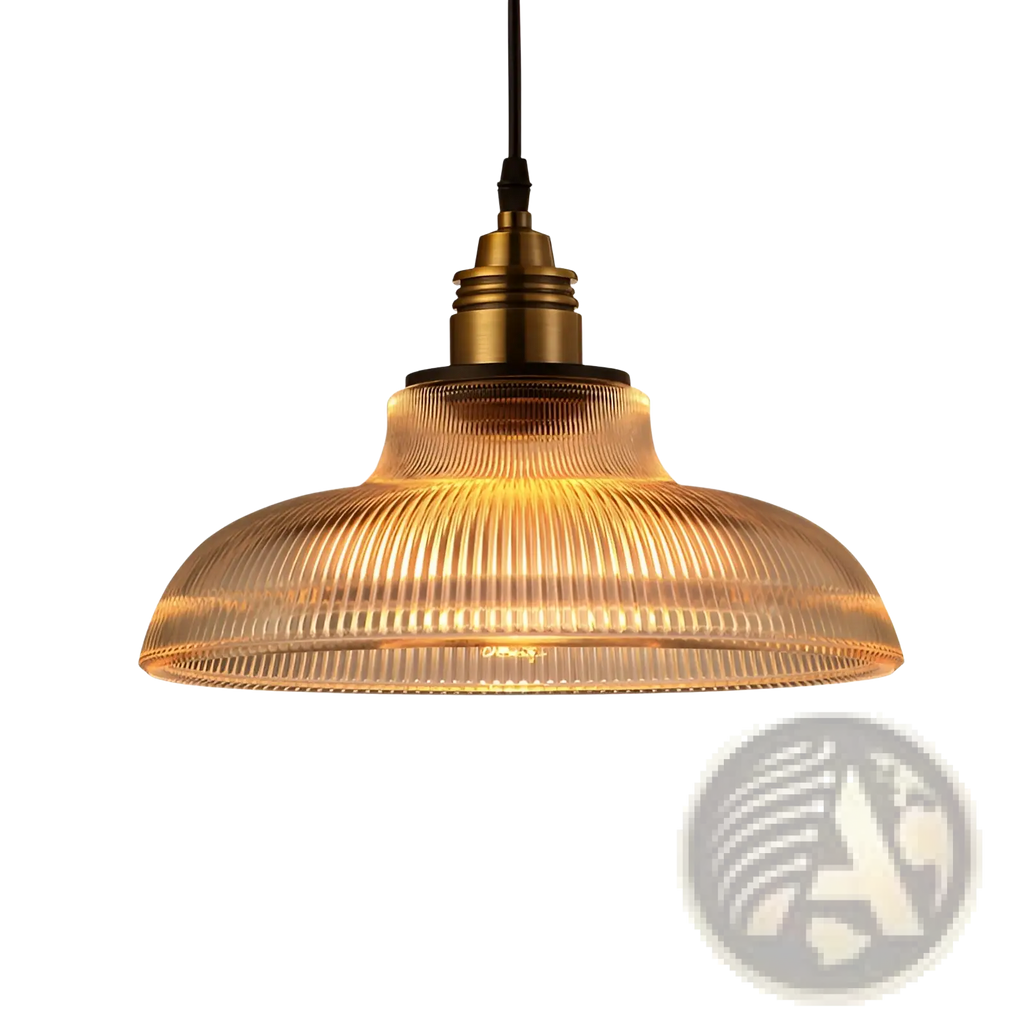 Warm-toned ribbed glass pendant light with brass-finished metal fixture for elegant indoor lighting
