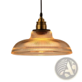 Warm-toned ribbed glass pendant light with brass-finished metal fixture for elegant indoor lighting