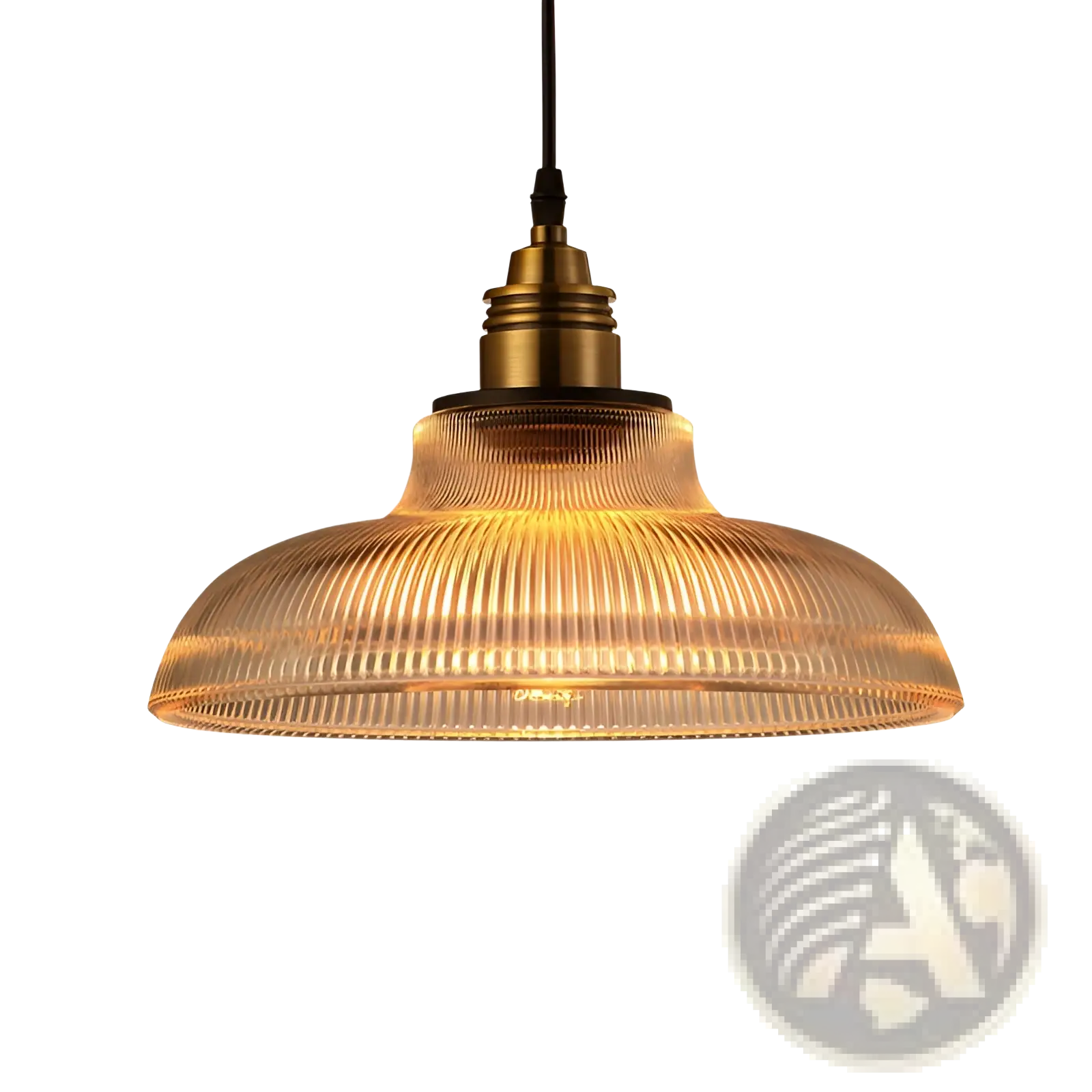 Warm-toned ribbed glass pendant light with brass-finished metal fixture for elegant indoor lighting