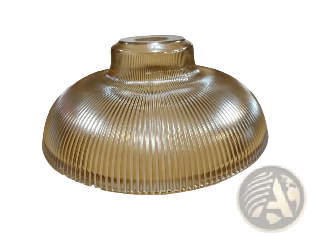 Golden ribbed glass pendant light with brass metal fixture featuring a smooth translucent finish and concentric ridges