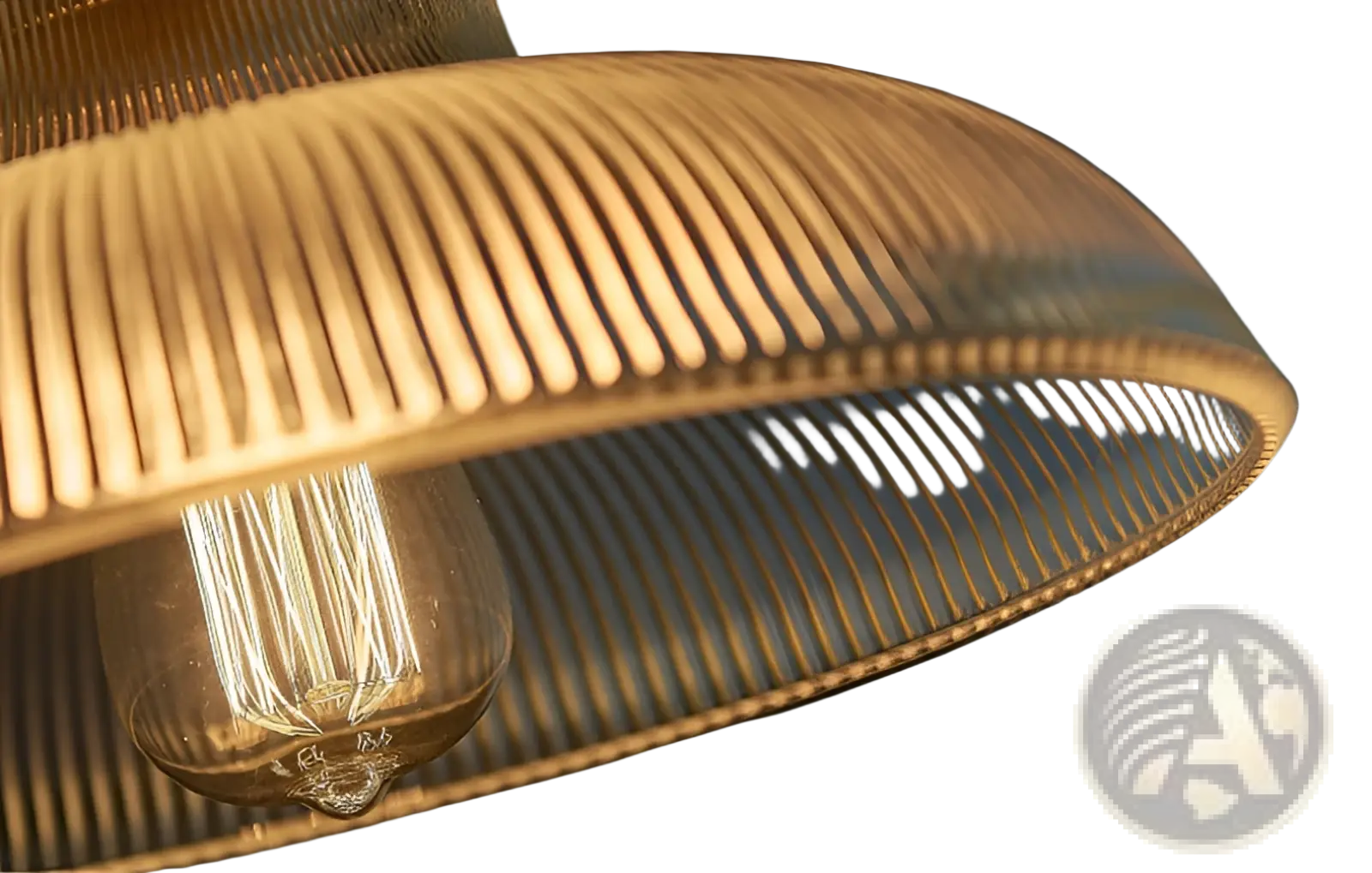 Ribbed glass pendant light with golden ribbed glass lampshade and visible filament bulb inside brass metal fixture