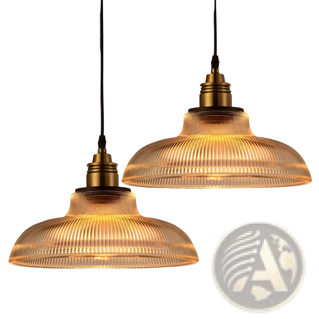 Two vintage-style ribbed glass pendant lights with warm amber glow and brass metal fixtures for indoor use