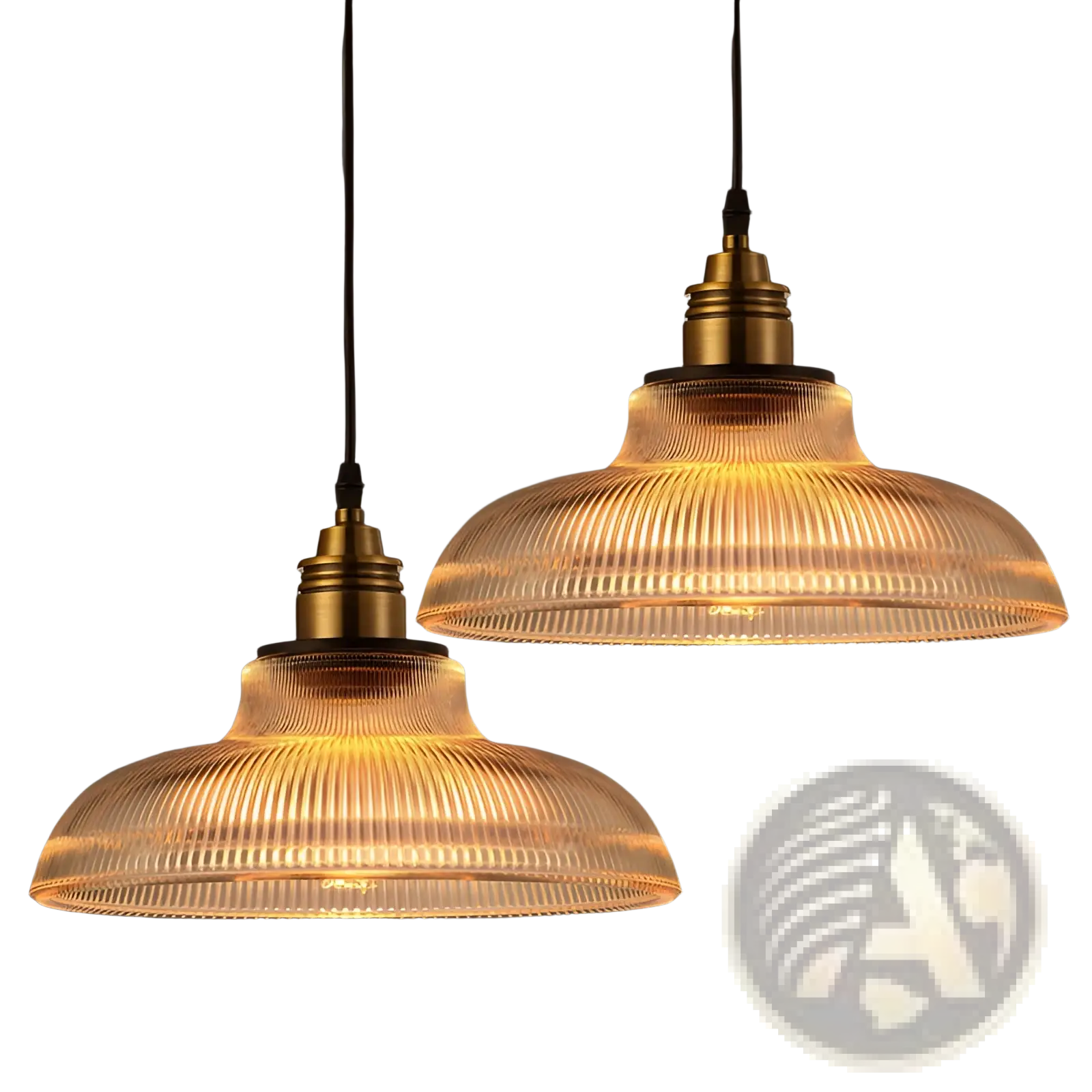 Two vintage-style ribbed glass pendant lights with warm amber glow and brass metal fixtures for indoor use