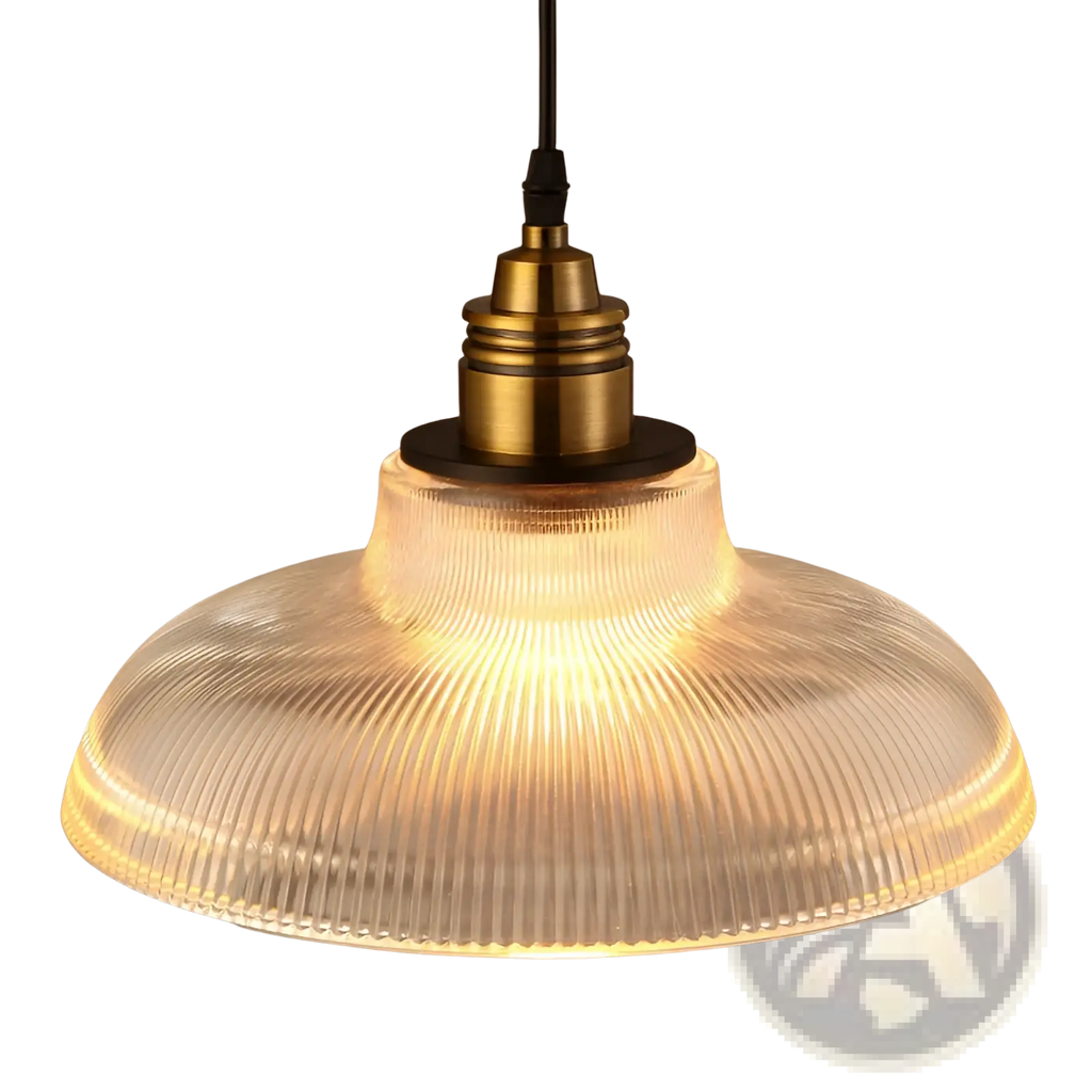 A warm glowing ribbed glass pendant light with a brass metal fixture for elegant indoor lighting