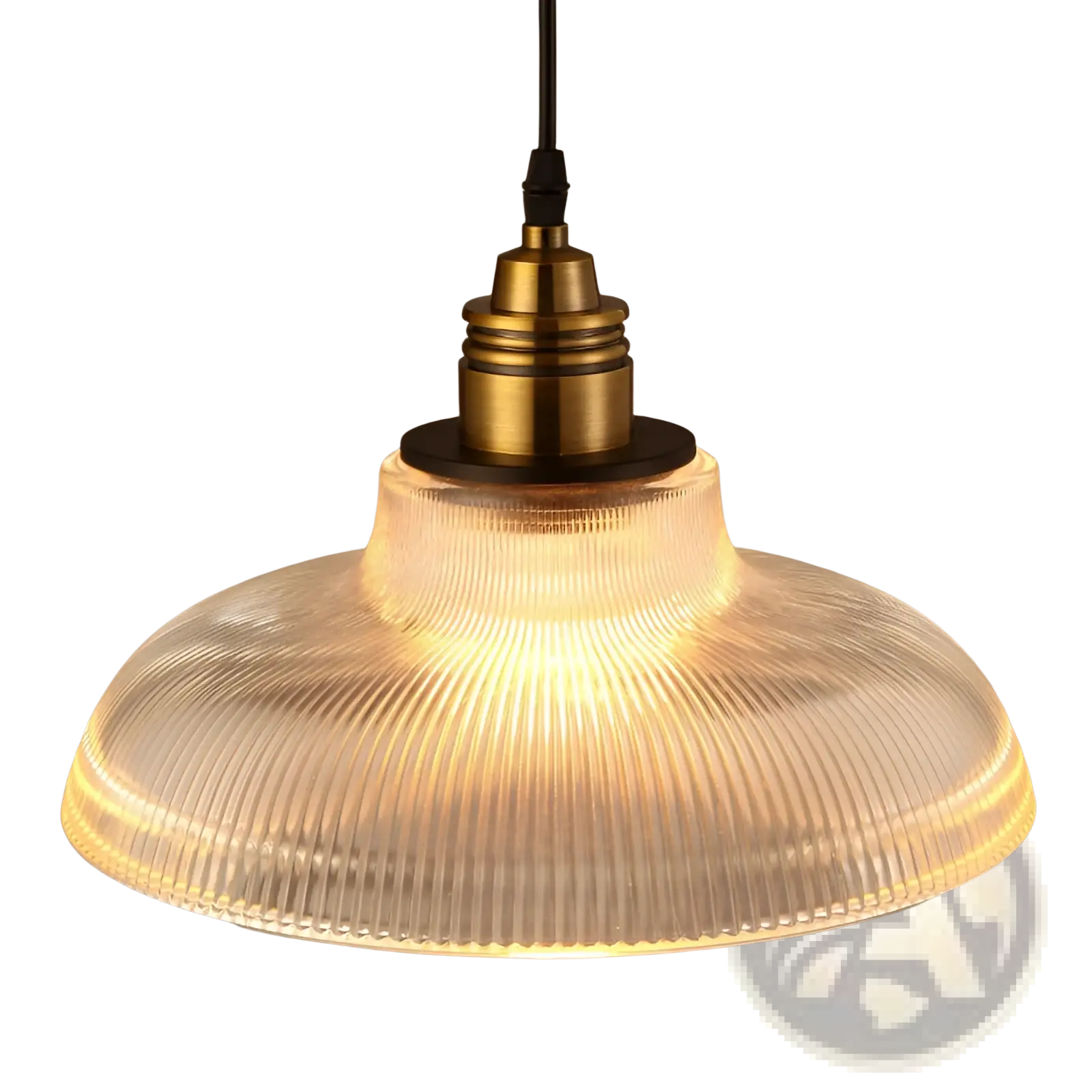 A warm glowing ribbed glass pendant light with a brass metal fixture for elegant indoor lighting