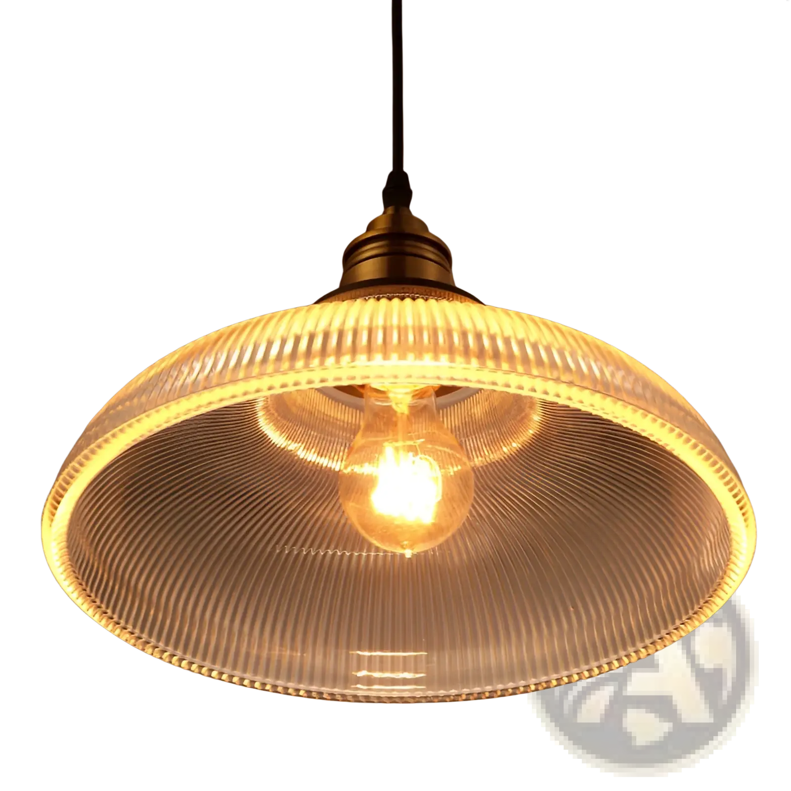 A warm-toned ribbed glass pendant light with brass metal fixture and exposed bulb for stylish indoor lighting