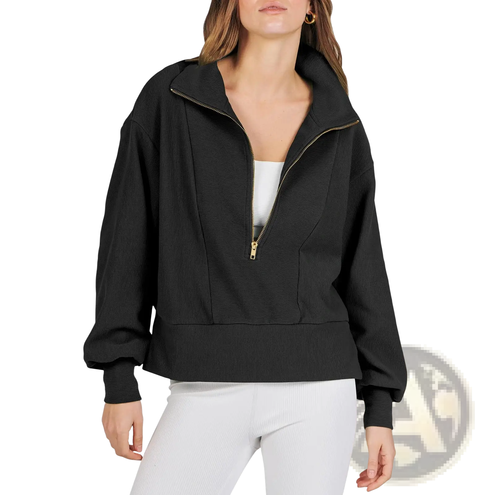 Black ribbed half zip pullover sweatshirt with gold-toned zipper accents made of soft fabric for casual wear