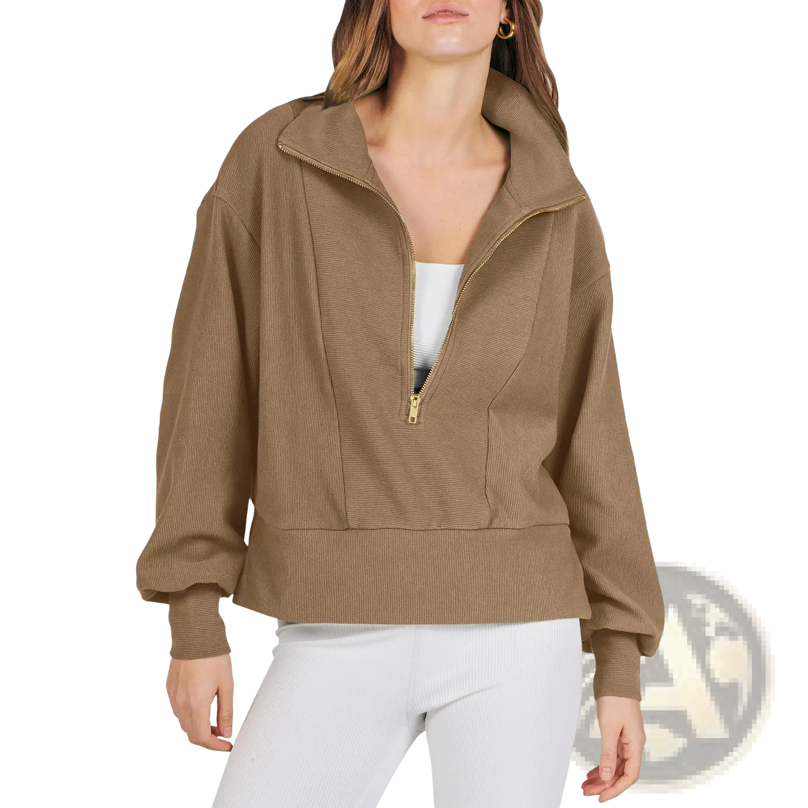 A cozy ribbed camel-colored half zip pullover sweatshirt with gold accents and relaxed fit
