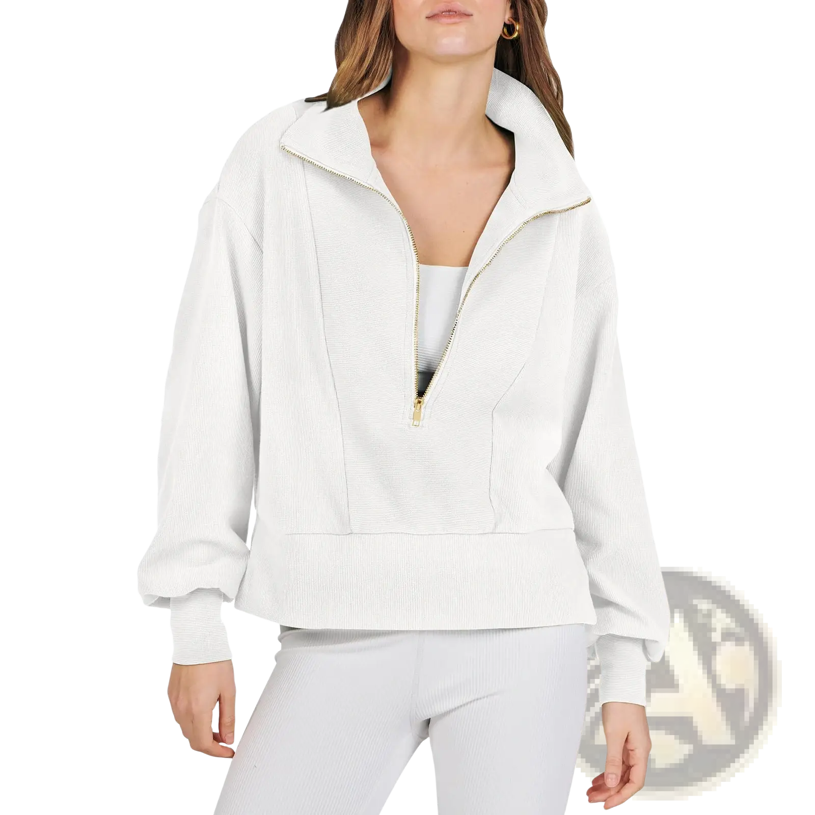 White ribbed half zip pullover sweatshirt with gold-toned zipper and elastic cuffs in soft knit fabric