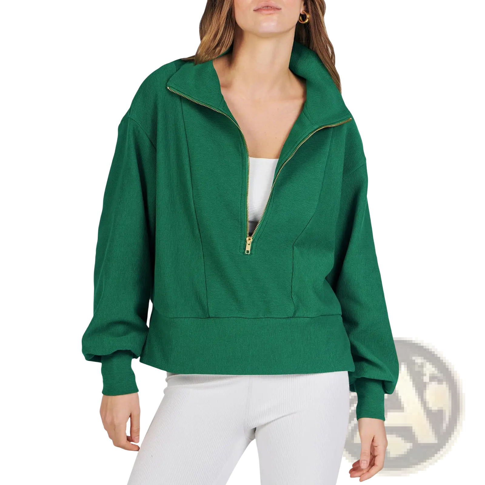 A vibrant emerald green ribbed knit half zip pullover sweatshirt with gold-toned zipper accents