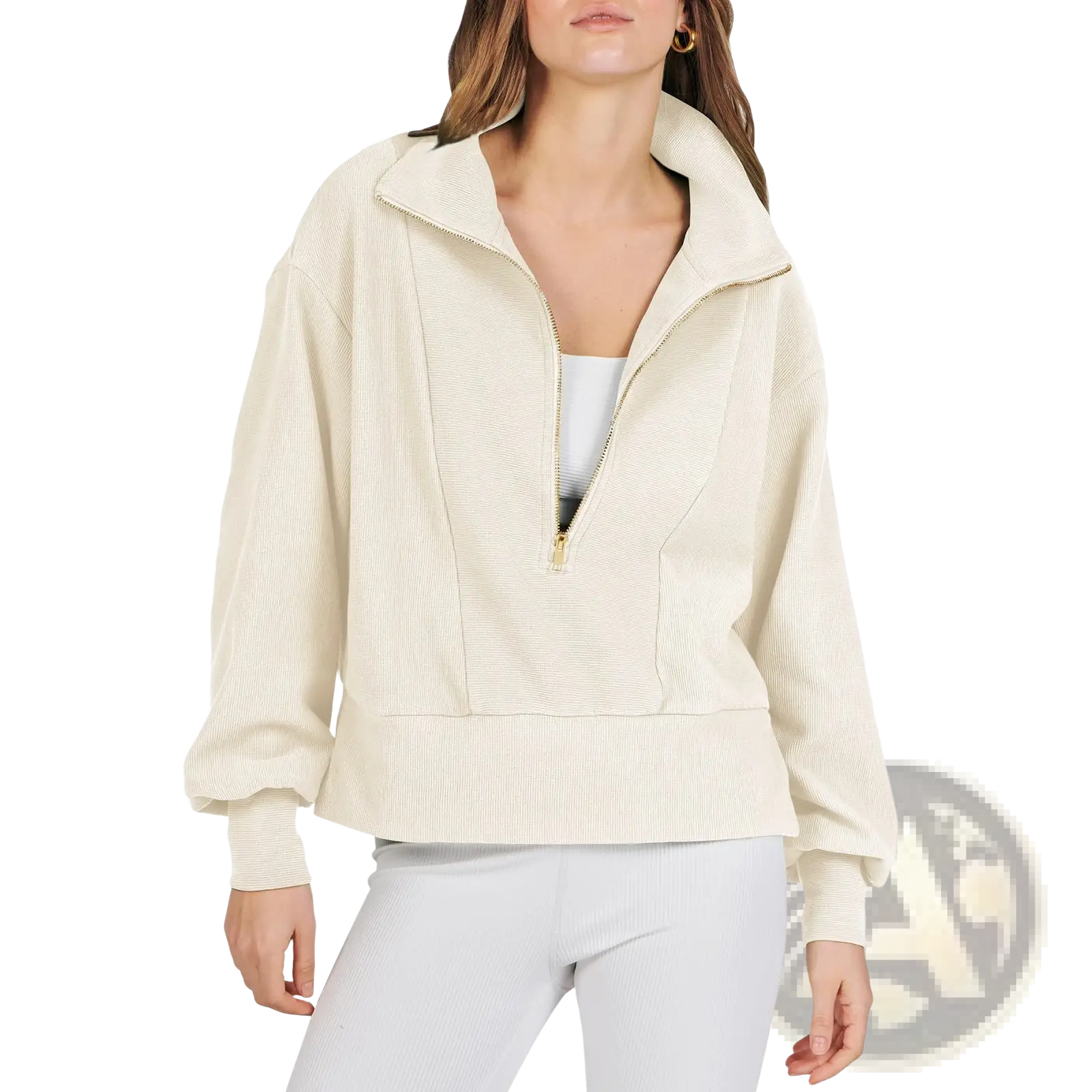 Cream-colored ribbed knit half-zip pullover sweatshirt with high collar and gold-toned zipper accents
