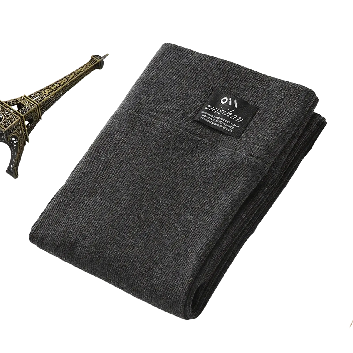 Dark gray ribbed knit high waist workout leggings with a black oil zuiwai brand label on the folded waistband