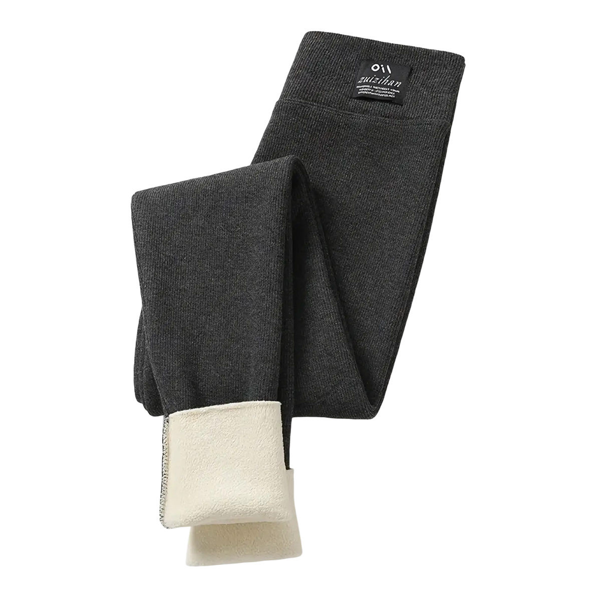 Dark gray ribbed high waist workout leggings with plush cream fleece lining at the cuffs for added warmth