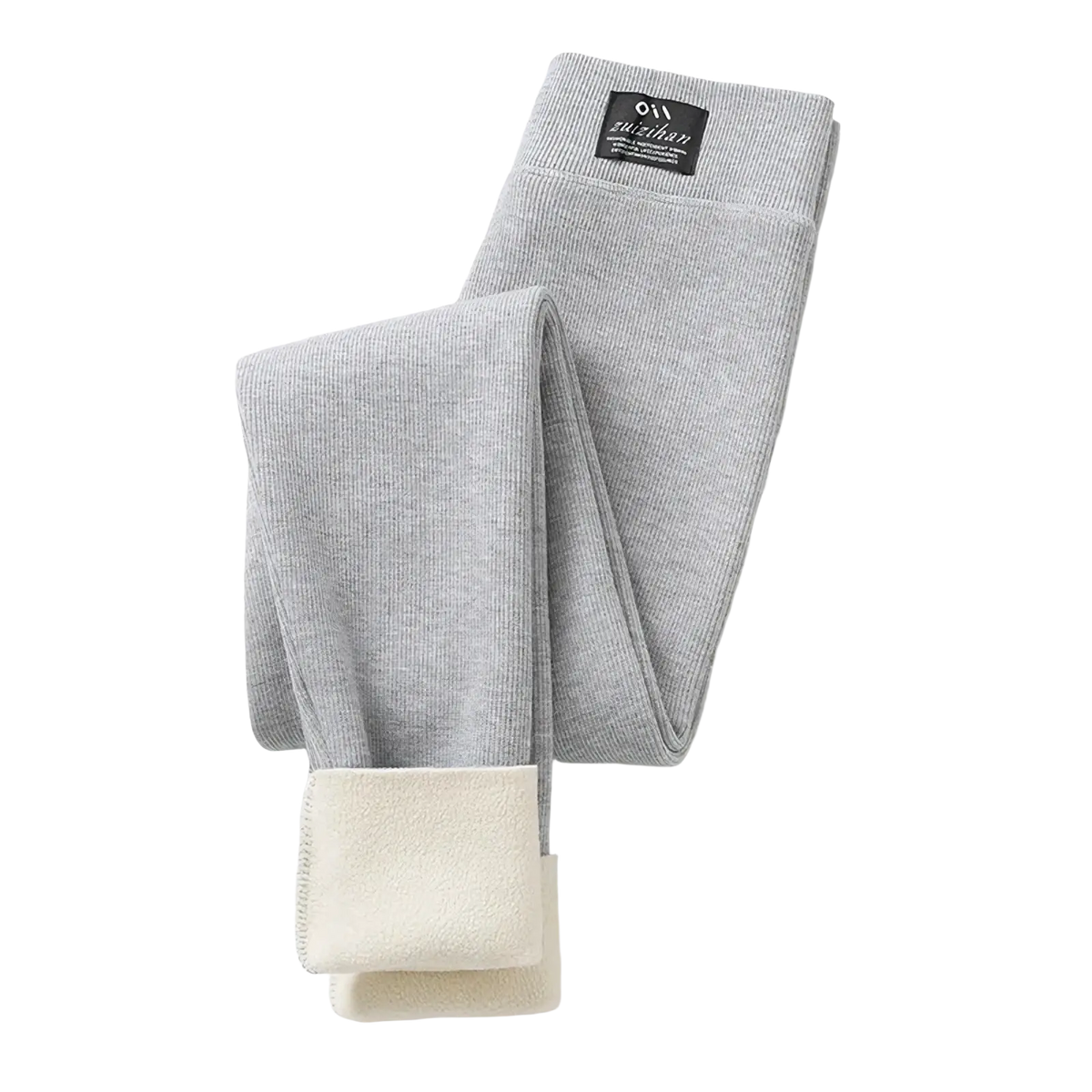 Gray ribbed high waist workout leggings with soft cream fleece lining at the cuffs for added comfort and warmth