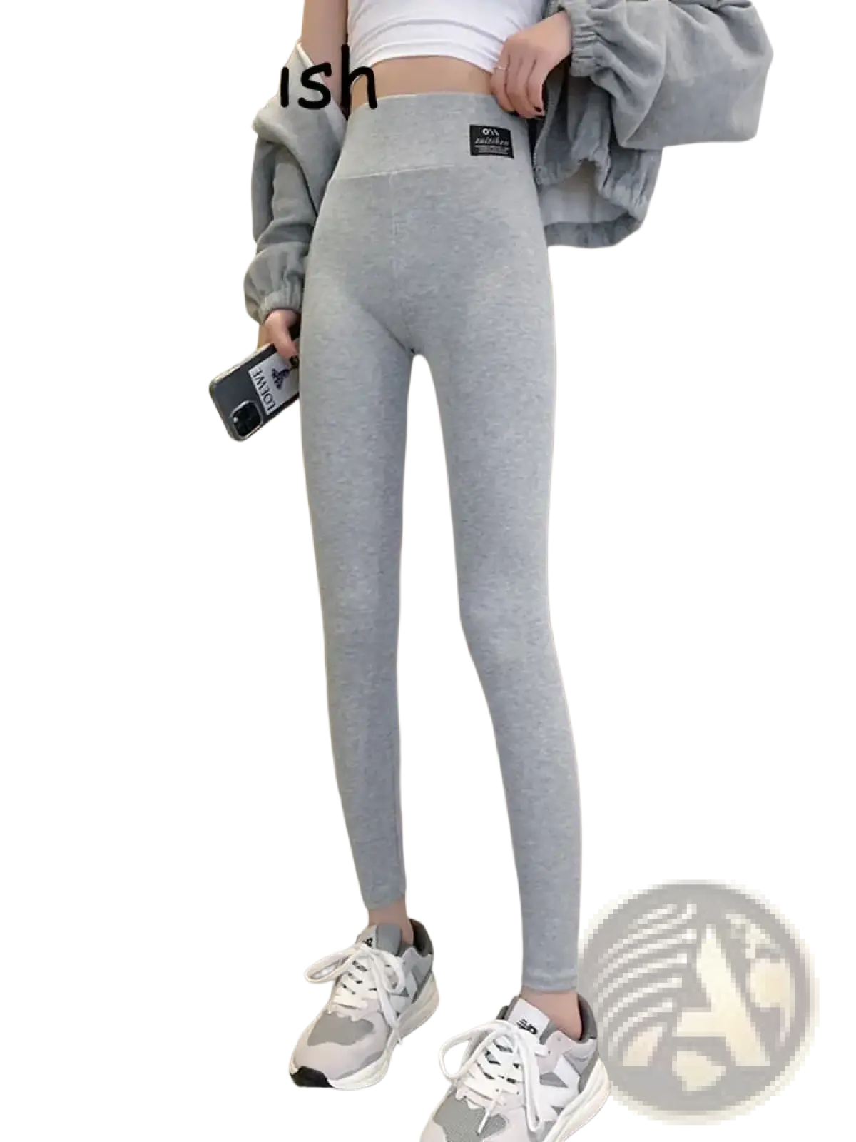 Gray heathered ribbed high waist workout leggings with subtle branding patch designed for fitness activities