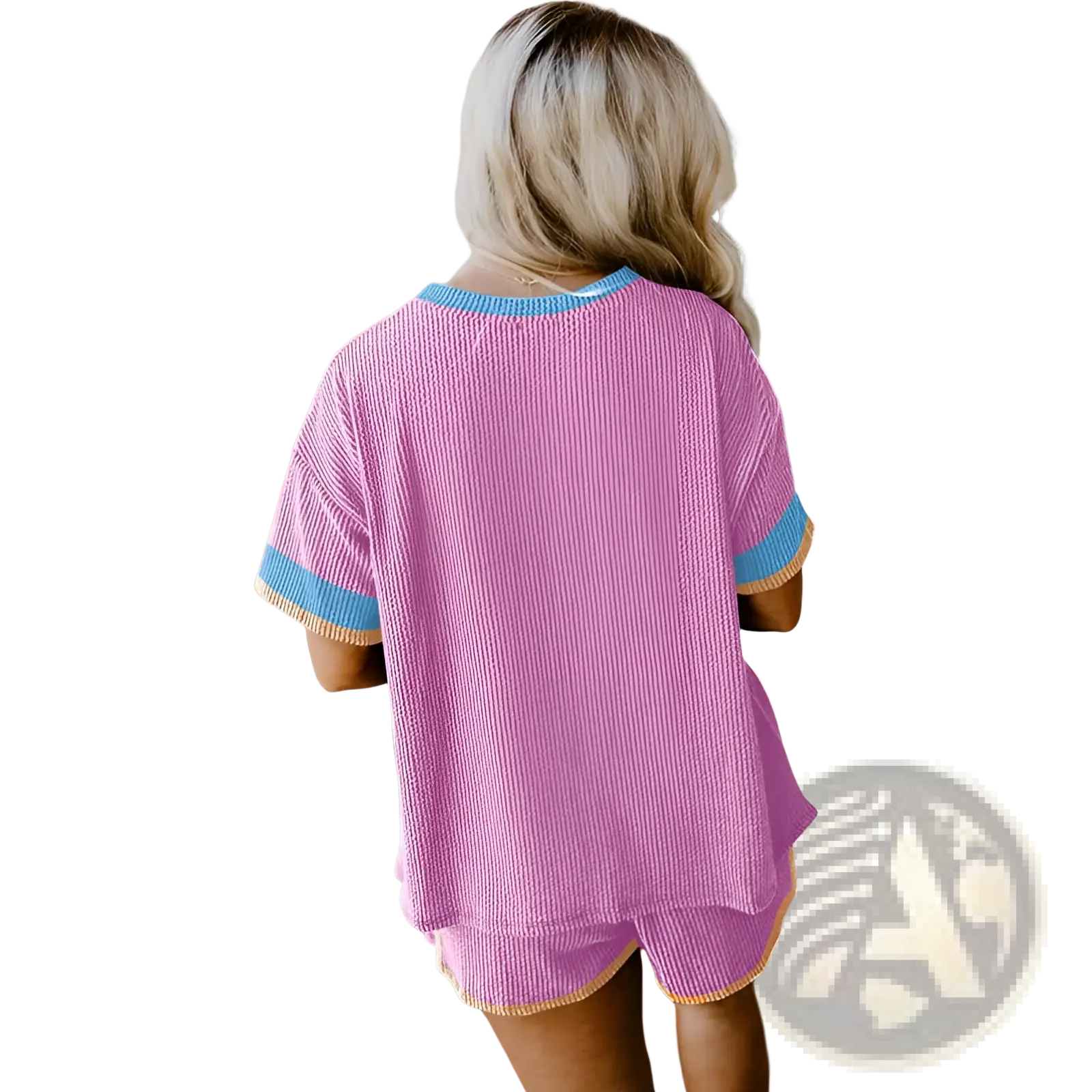 Pink ribbed knit two-piece lounge set with blue and yellow contrast trim for comfortable loungewear use