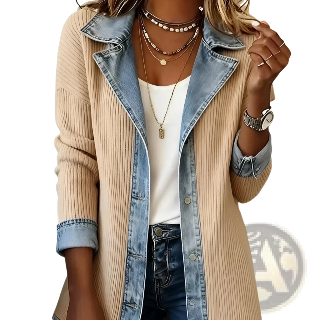 Beige ribbed knit denim patchwork coat with denim collar and cuffs for stylish layering and warmth