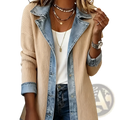 Beige ribbed knit denim patchwork coat with denim collar and cuffs for stylish layering and warmth