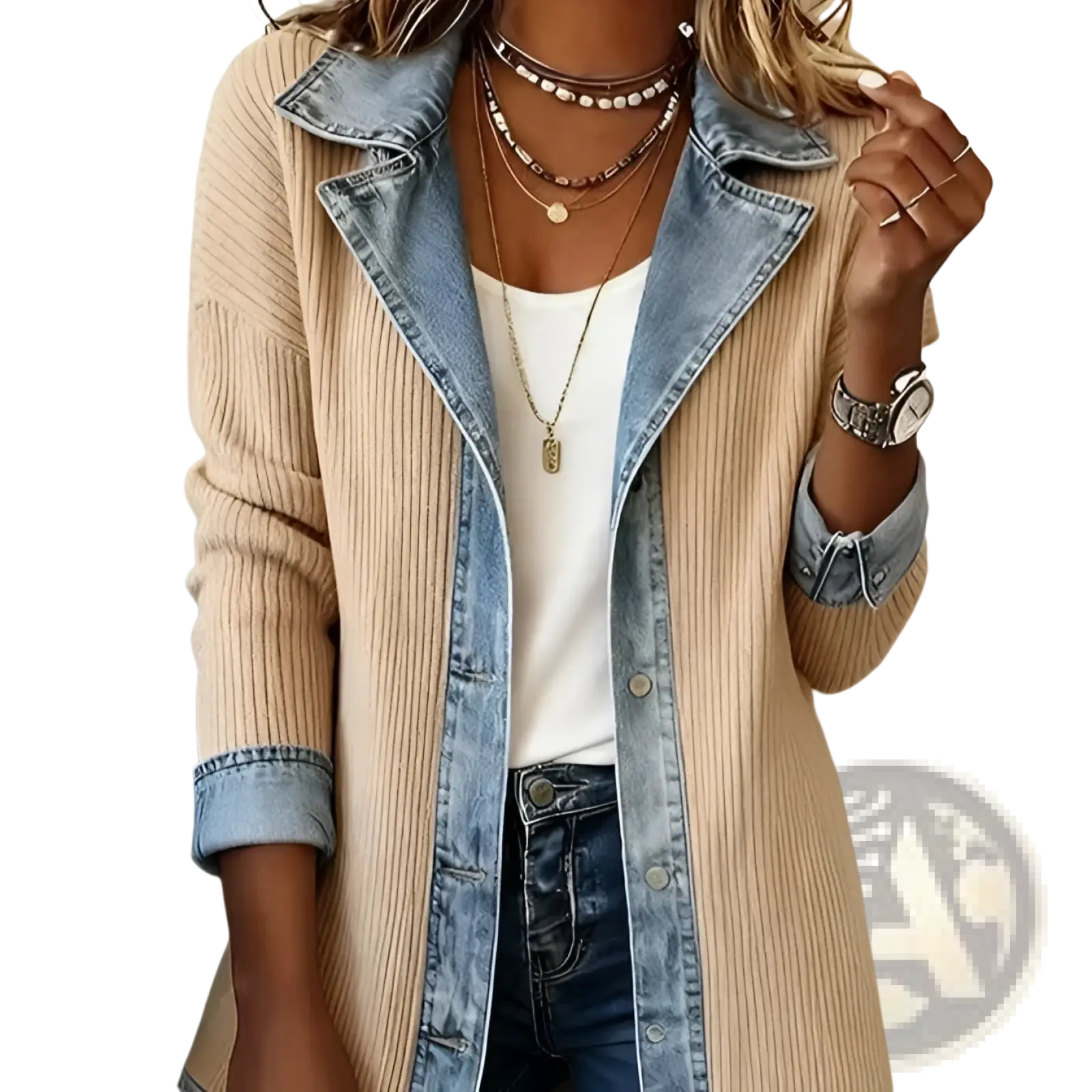 Beige ribbed knit denim patchwork coat with denim collar and cuffs for stylish layering and warmth
