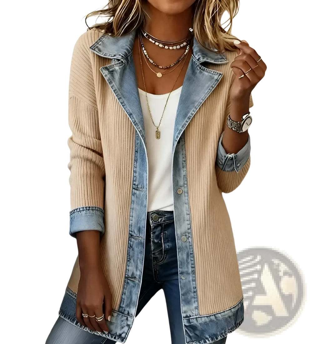 Beige ribbed knit denim patchwork coat featuring denim collar and cuffs in a stylish long coat design
