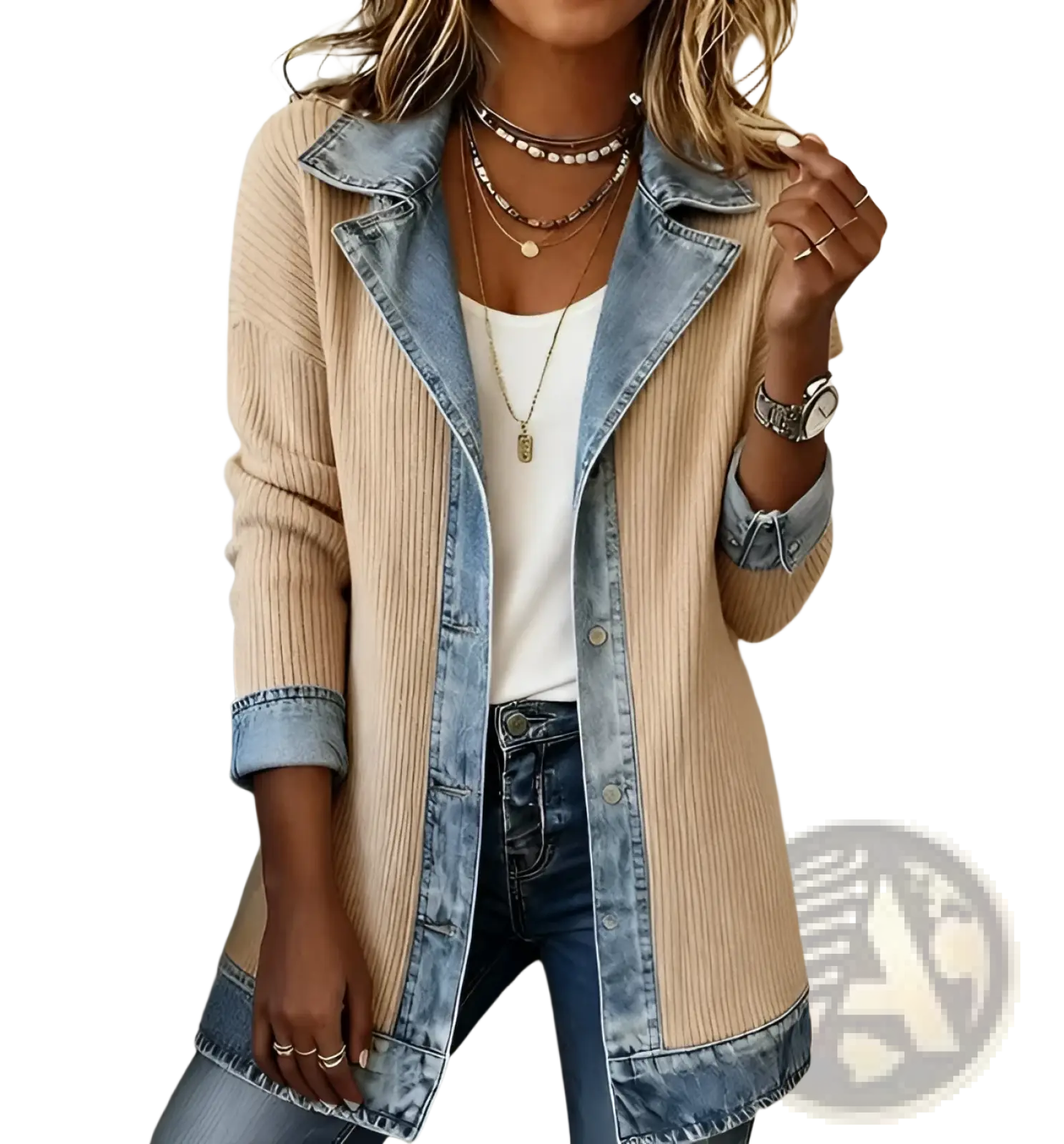 Beige ribbed knit denim patchwork coat featuring denim collar and cuffs in a stylish long coat design
