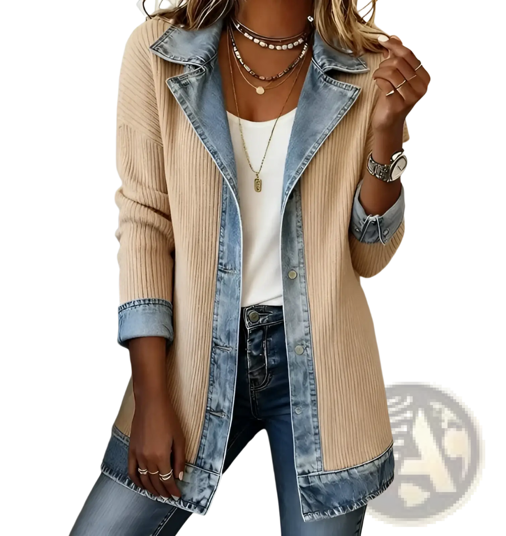 Beige ribbed knit coat with denim patchwork and denim collar cuffs and hem for stylish outerwear use