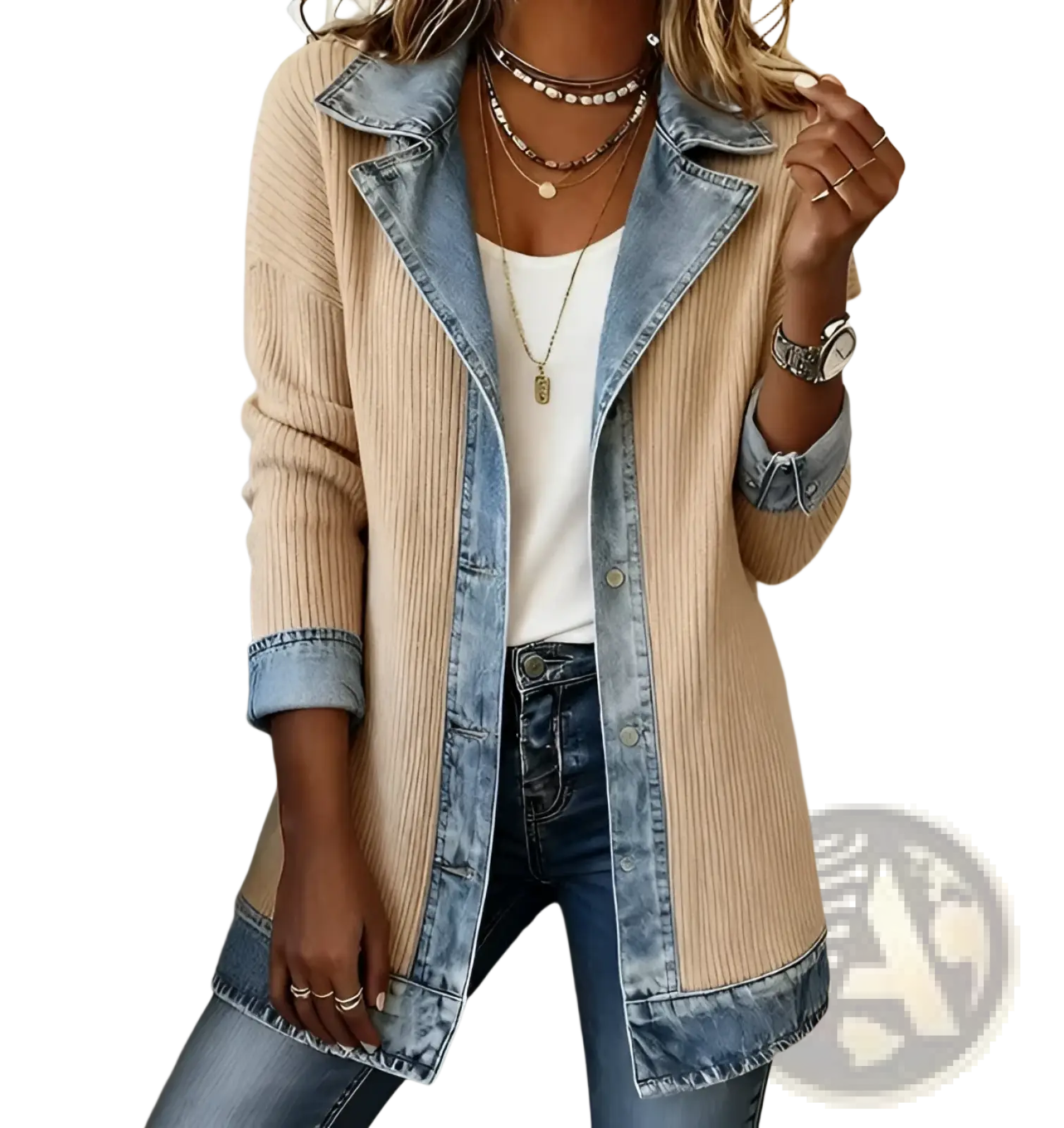 Beige ribbed knit coat with denim patchwork and denim collar cuffs and hem for stylish outerwear use