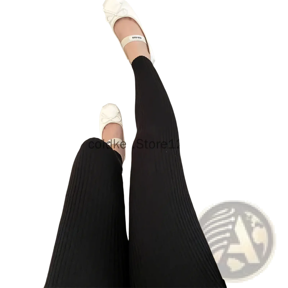 Black ribbed knit high waist leggings made from warm material ideal for winter wear shown from the back side