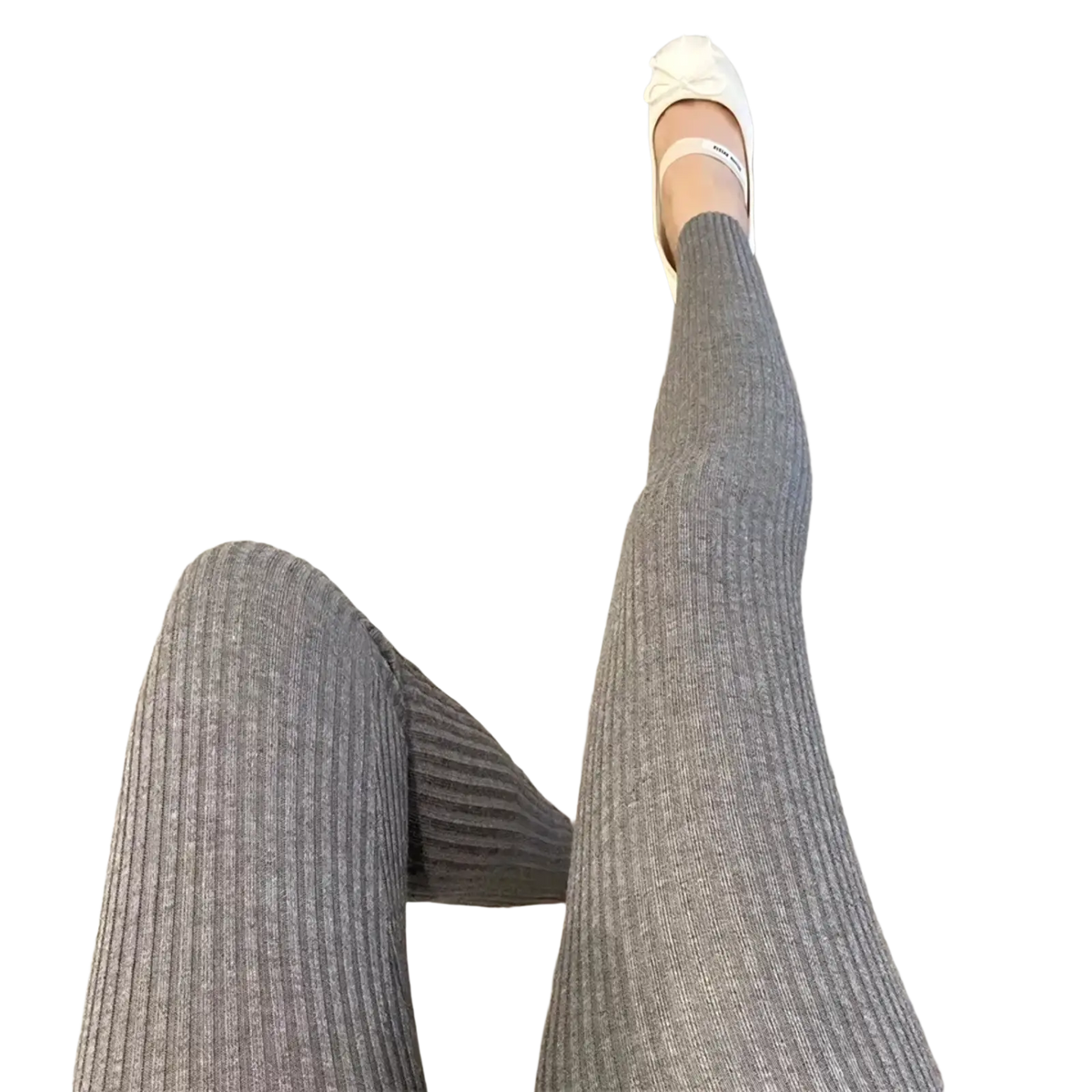 Gray ribbed knit high waist leggings made of warm material suitable for winter pants