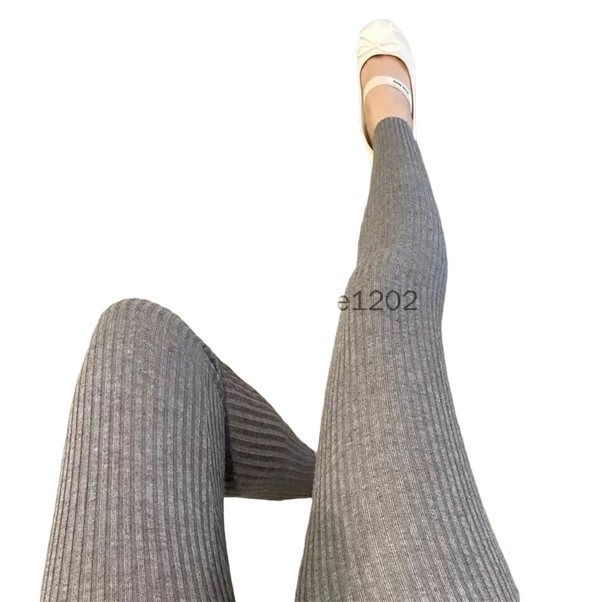 Gray ribbed knit high waist leggings paired with white ballet flats ideal for winter wear