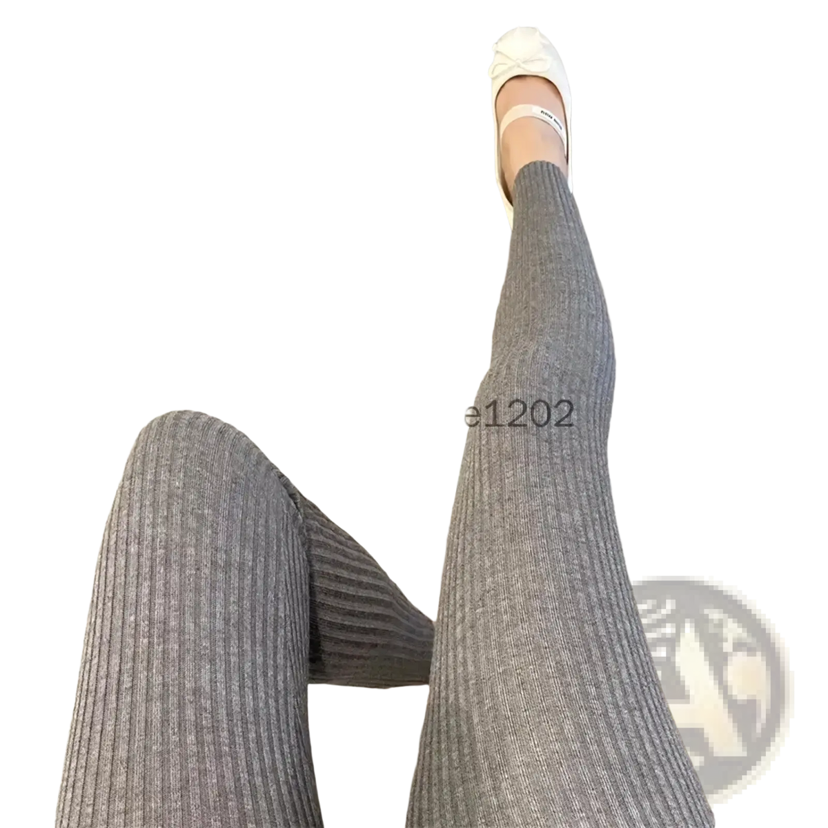 Gray ribbed knit high waist leggings paired with white ballet flats ideal for winter wear